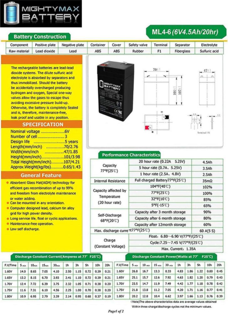Batería Mighty Max ML4-6 6 V 45 Ah SLA (2 unidades)