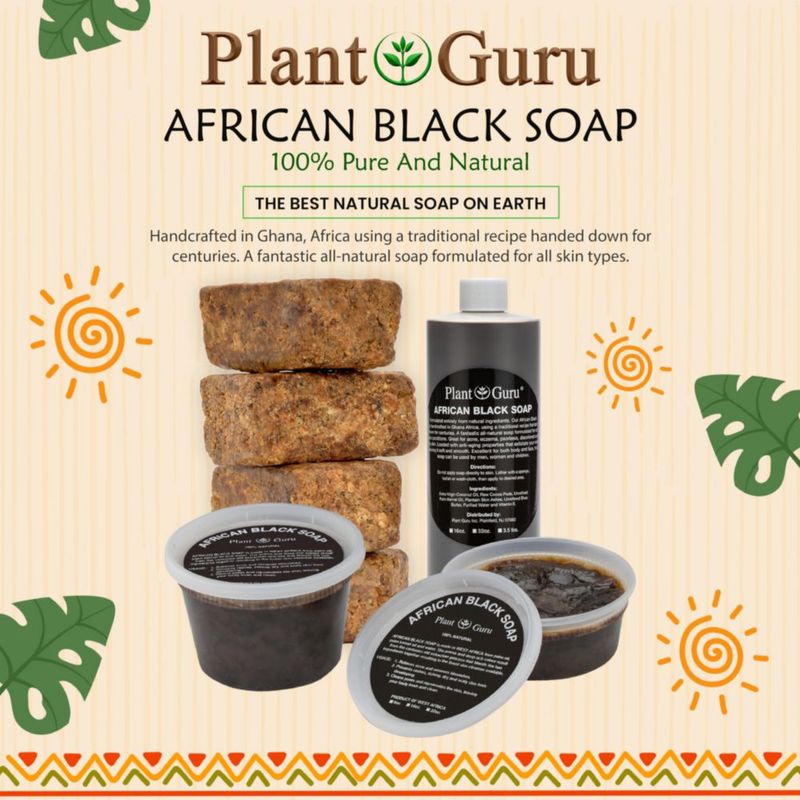 Plant Guru Jabón Negro Africano Crudo 1 lb - Barra de Cuidado Tradicional Puro y Natural para Cara Cuerpo y Cabello | Limpiador Hecho a Mano para Todo