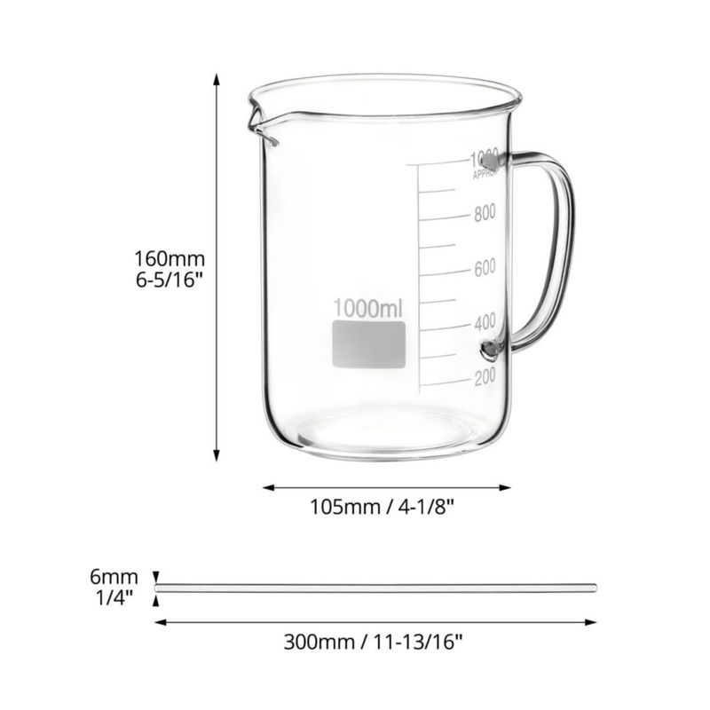 Vaso de precipitados QWORK 1000 ml Pack de 2 + Varillas de agitación 30 cm Pack de 10