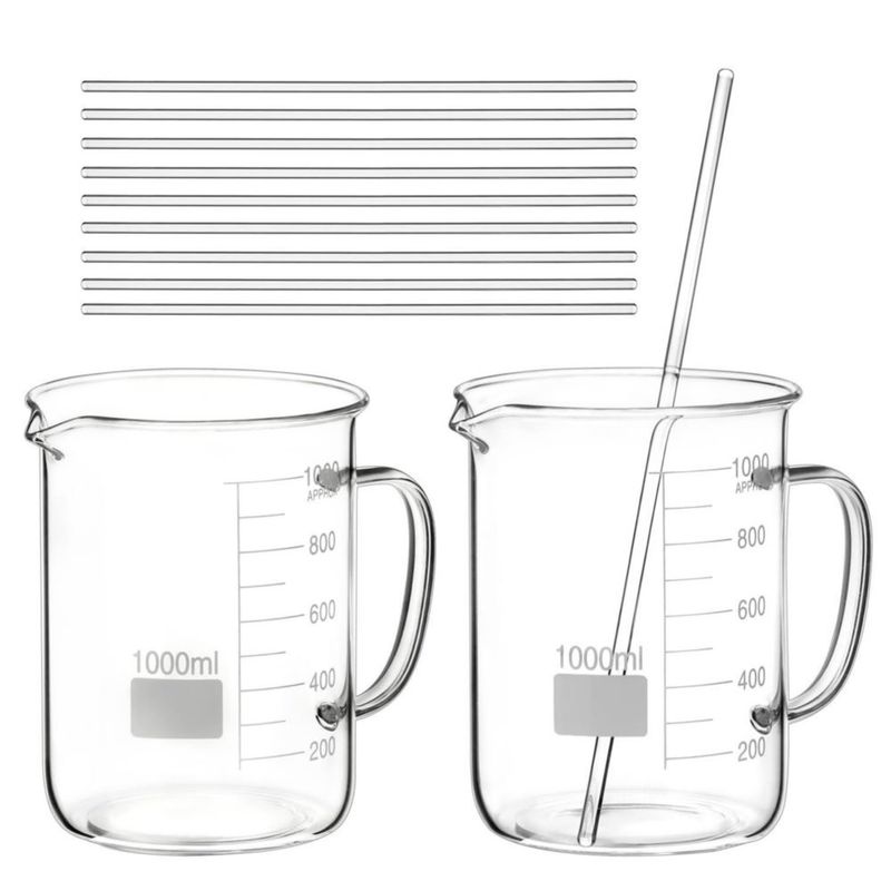Vaso de precipitados QWORK 1000 ml Pack de 2 + Varillas de agitación 30 cm Pack de 10