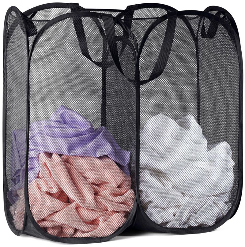 Cesto de ropa doble plegable Handy Laundry 2 compartimentos de malla negro