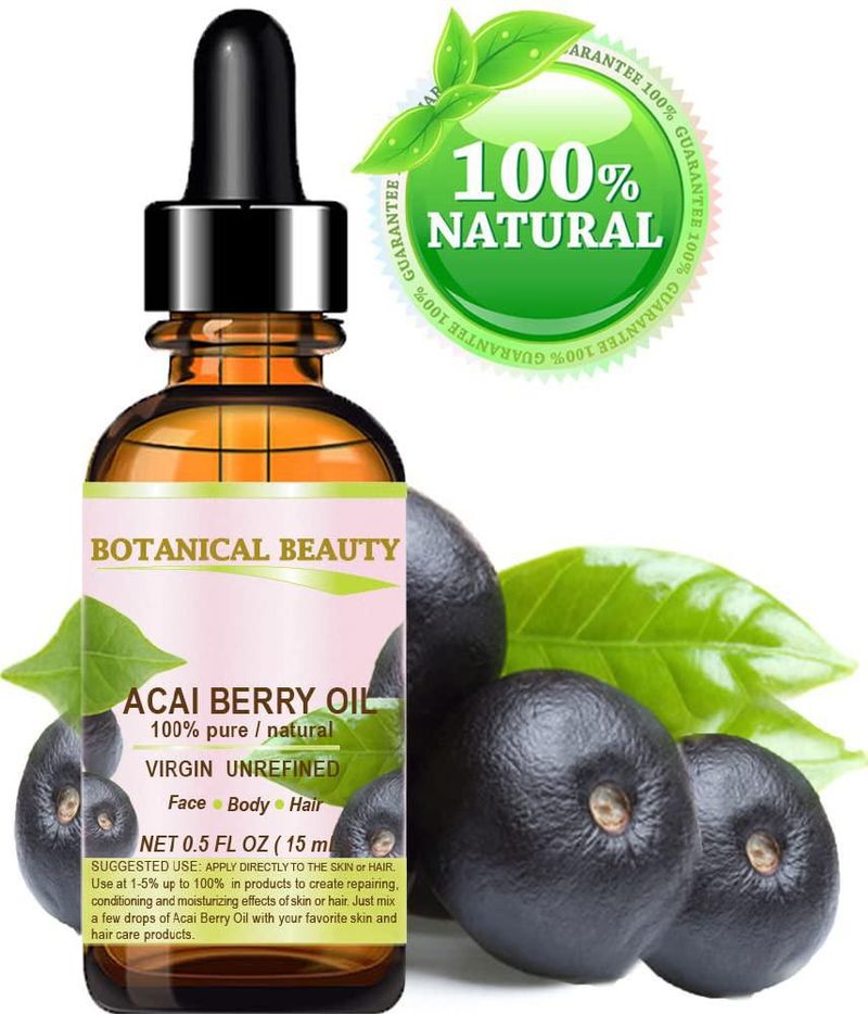 Botanical Beauty Aceite de Baya de Acai 100% Puro Natural Virgen Sin Refinar Prensado en Frío – Aceite Portador. 05 fl oz (15 ml) para rostro piel