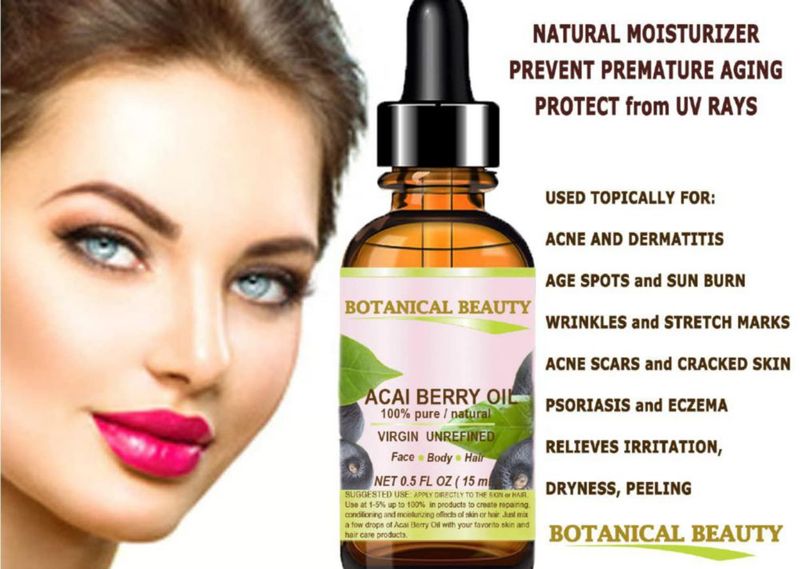 Botanical Beauty Aceite de Baya de Acai 100% Puro Natural Virgen Sin Refinar Prensado en Frío – Aceite Portador. 05 fl oz (15 ml) para rostro piel
