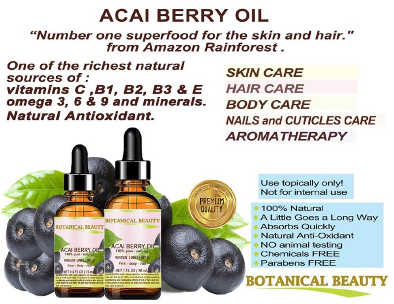 Botanical Beauty Aceite de Baya de Acai 100% Puro Natural Virgen Sin Refinar Prensado en Frío – Aceite Portador. 05 fl oz (15 ml) para rostro piel