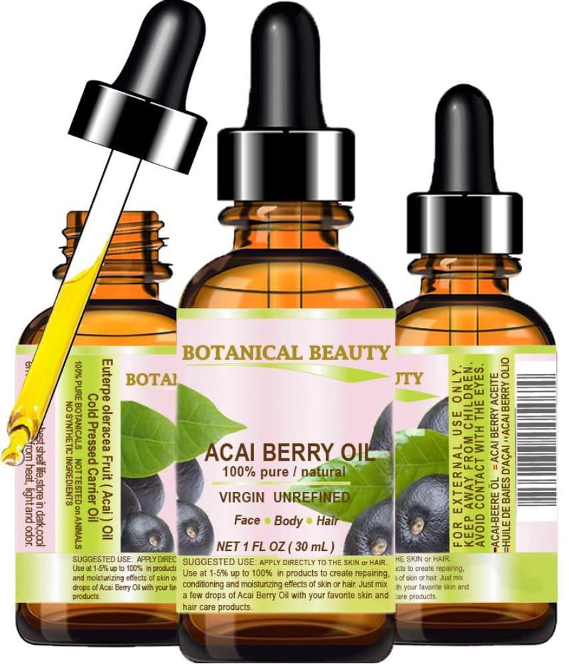 Botanical Beauty Aceite de Baya de Acai 100% Puro Natural Virgen Sin Refinar Prensado en Frío – Aceite Portador. 05 fl oz (15 ml) para rostro piel