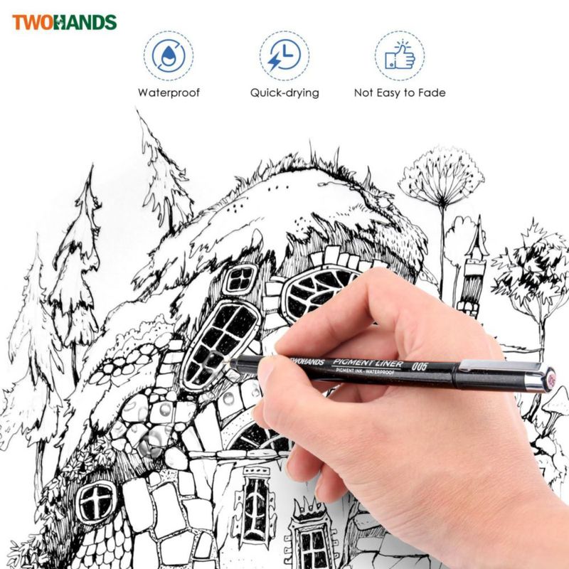 Plumas de Arte TWOHANDS Juego de 16 Rotuladores Negros de Punta Fina