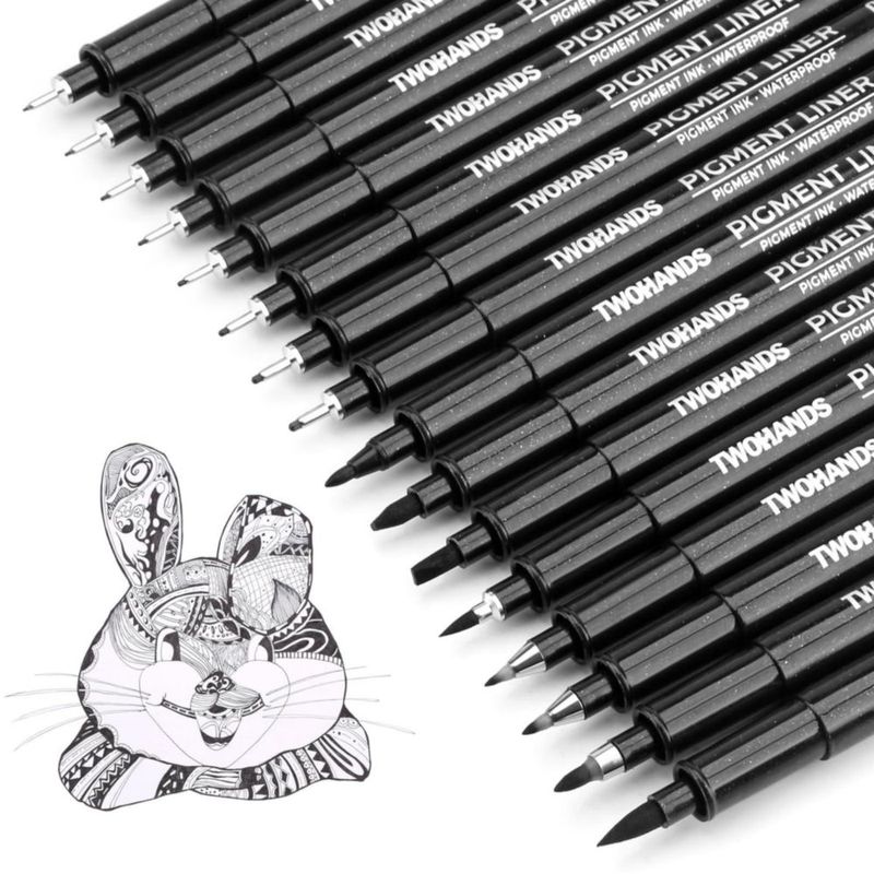 Plumas de Arte TWOHANDS Juego de 16 Rotuladores Negros de Punta Fina