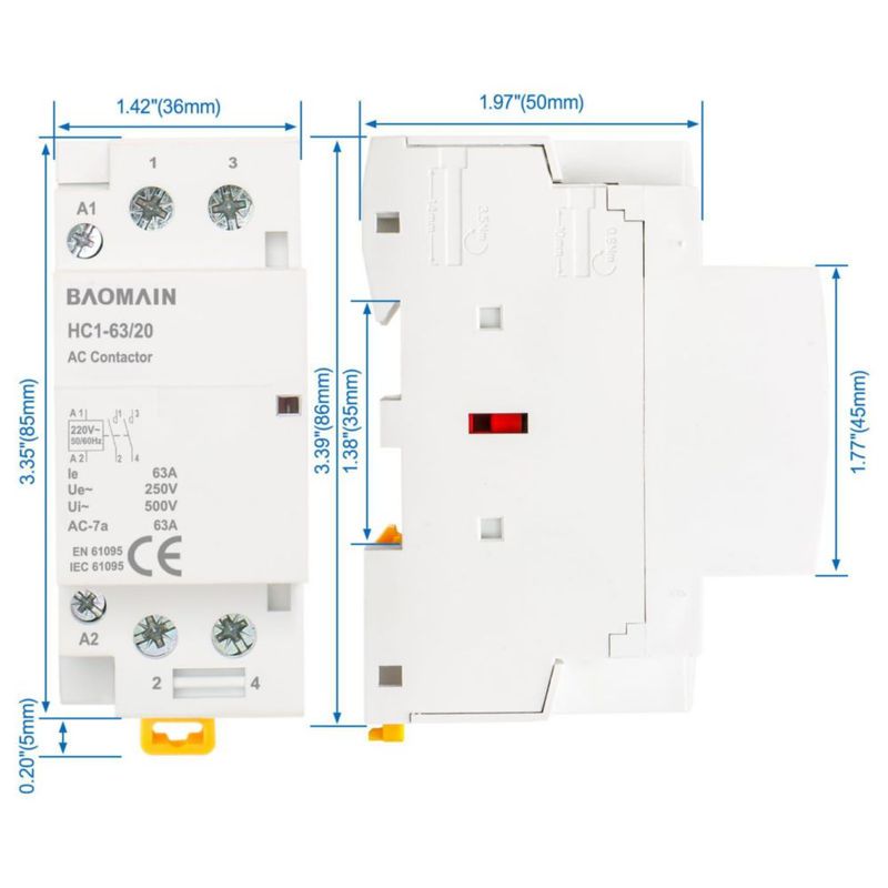 BAOMAIN Contactores Modular 220 V CA 2 Polos 63 A 2NO Montaje en Carril DIN