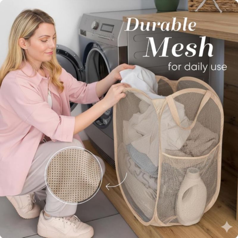 Cesto de ropa plegable de malla Handy Laundry 36x33x61 cm rosa con bolsillo lateral