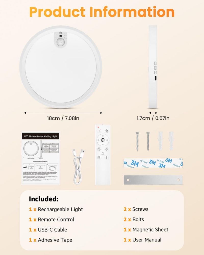 Lámpara de techo recargable Redane LED con sensor de movimiento