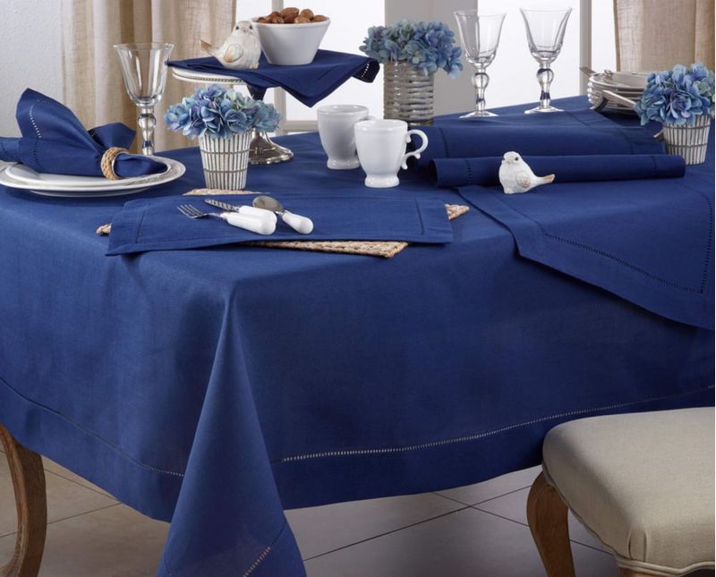 Mantel SARO LIFESTYLE 213 cm Azul Marino con Ribete de Punto de Hem