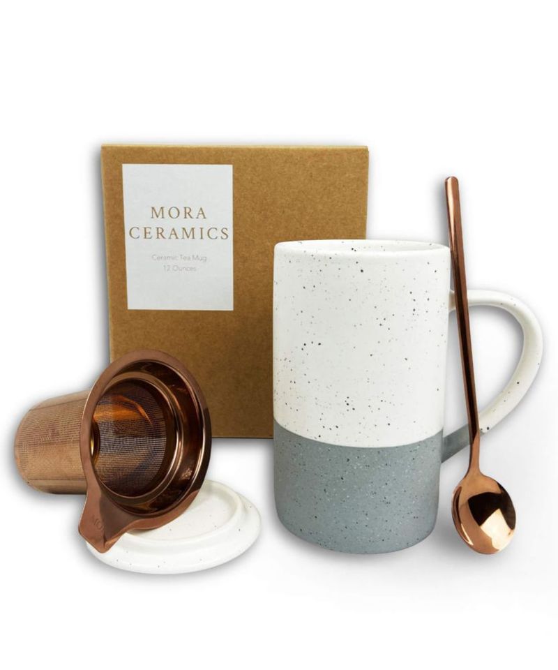 Taza de té MORA 355 ml con infusor cuchara y tapa