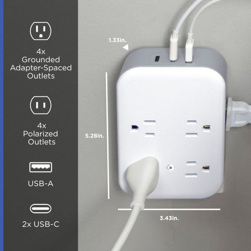 Protector contra Sobretensiones GE de 8 tomas con puertos USB‑C/A 125 VAC
