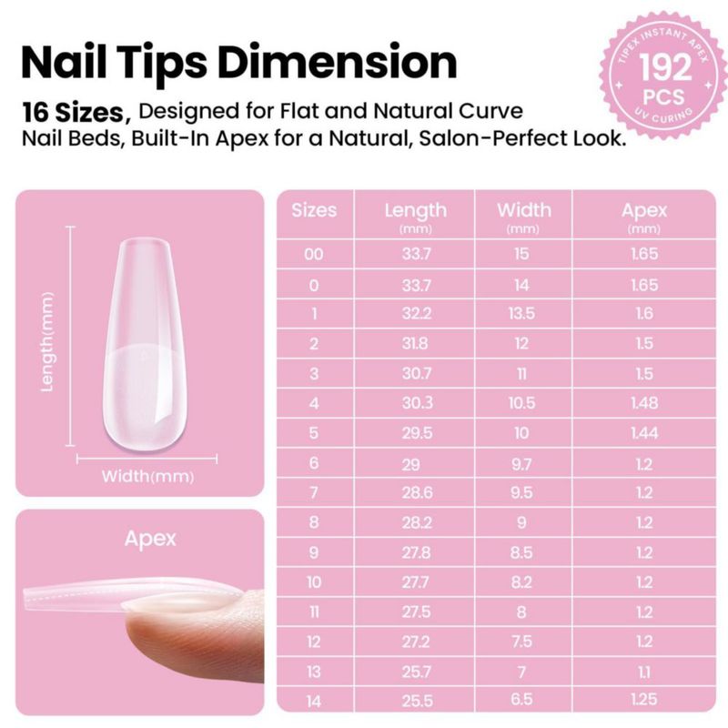 Puntas de Uña Beetles Gel Polish 192 uds Forma Larga de Ataúd 16 Tallas