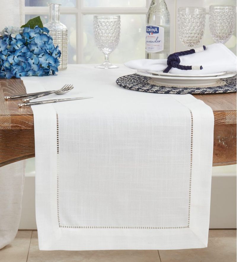 Caminero de mesa SARO LIFESTYLE 41x229 cm Marfil con bordado hemstitch