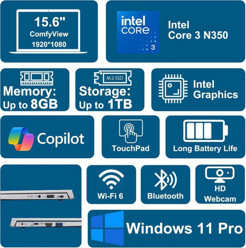 Portátil Acer Aspire Lite 156" 8 GB RAM 512 GB SSD Windows 11 Pro