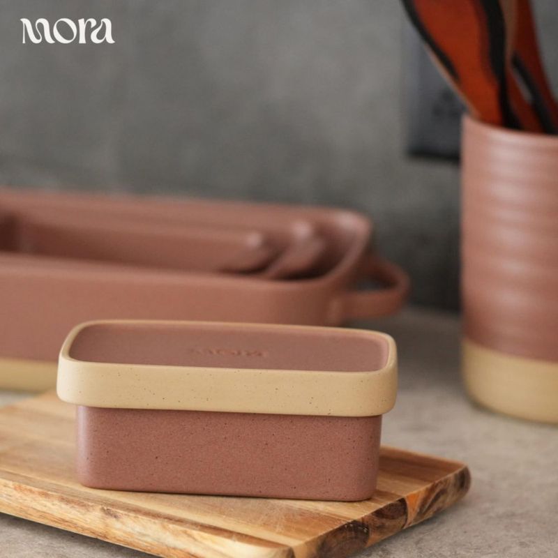 MORA Plato de Mantequilla Cerámico Dos en Uno Terracota Tostada