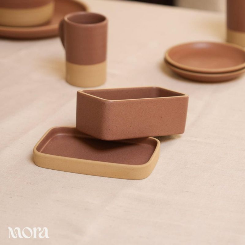 MORA Plato de Mantequilla Cerámico Dos en Uno Terracota Tostada