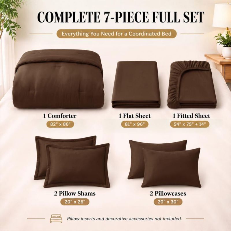 Juego de Cama CozyLux Tamaño Completo 7 piezas Marrón Microfibra