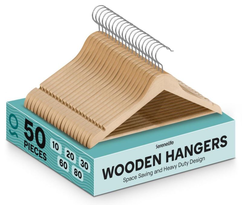 Perchas de Madera SereneLife 50 Unidades con Gancho Giratorio de 360°