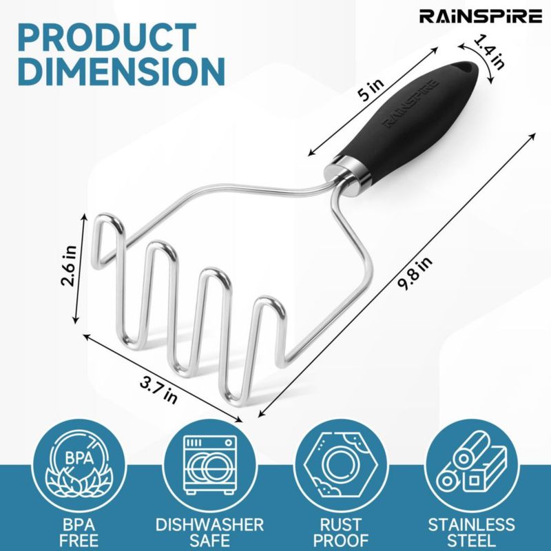 Machacador de alimentos Rainspire de acero inoxidable negro