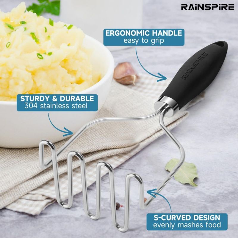 Machacador de alimentos Rainspire de acero inoxidable negro