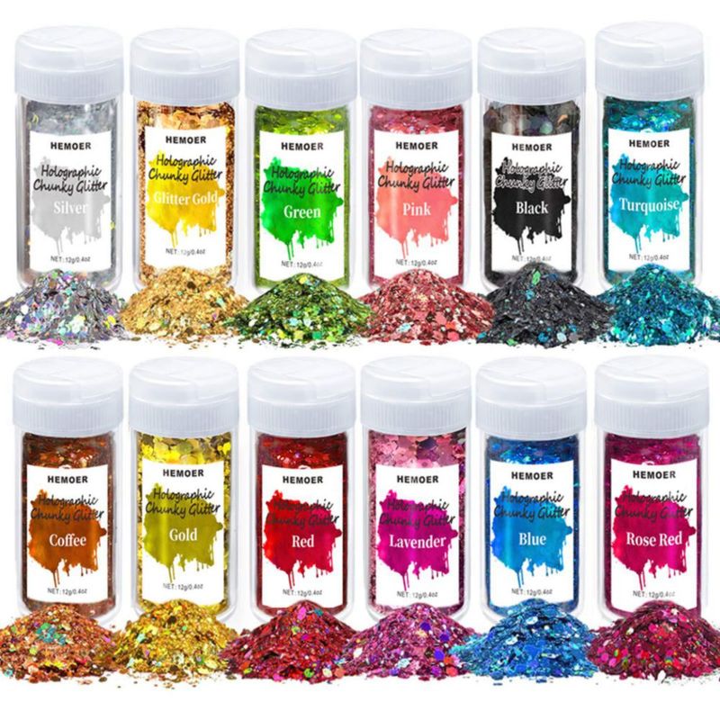 Brillantina HEMOER 12 colores 5 oz holográfica chunky