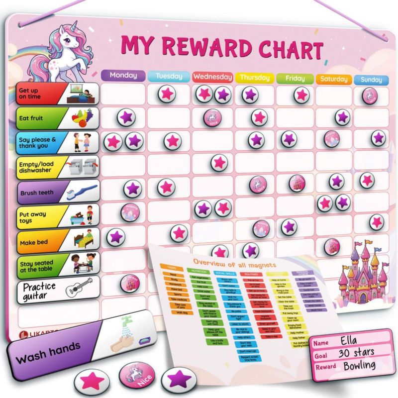 Tabla de recompensas magnética LIKARTO 280 imanes edades 3-9 rosa