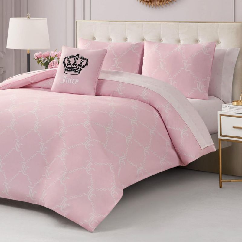 Juego de ropa de cama Juicy Couture Twin de 6 piezas – Rosa/Blanco