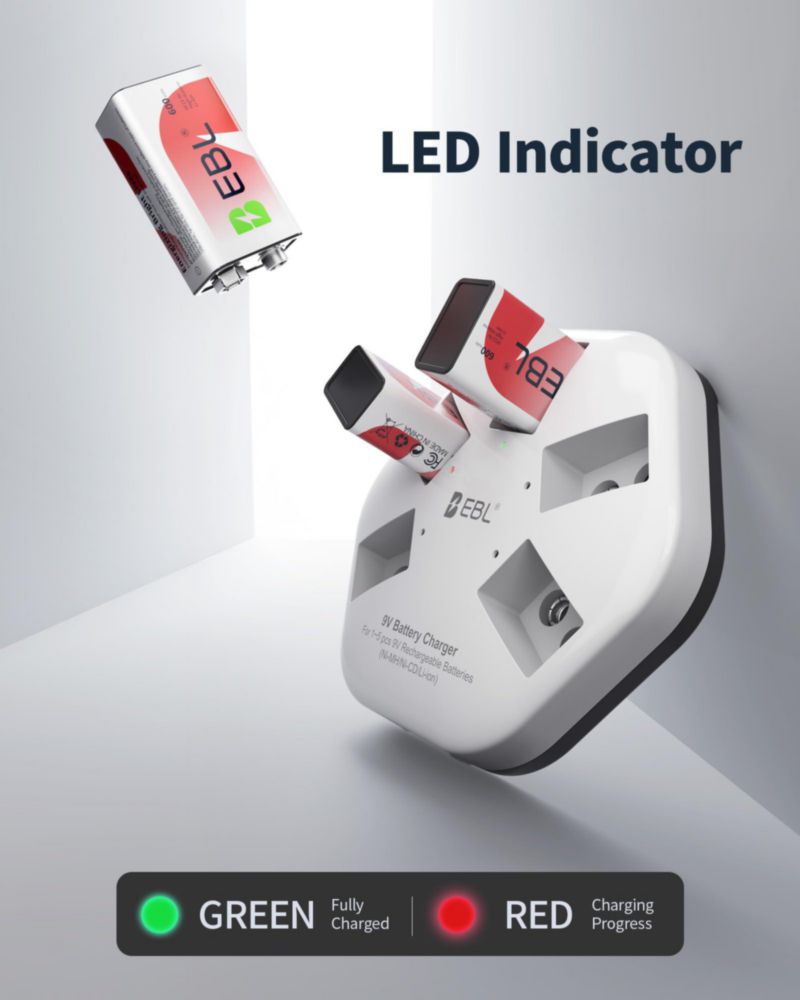 Cargador de Baterías de 9V EBL - Pack de 5 + Baterías de 9V
