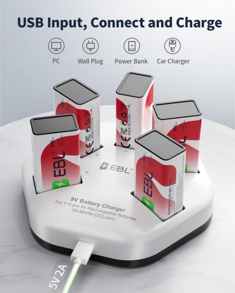 Cargador de Baterías de 9V EBL - Pack de 5 + Baterías de 9V