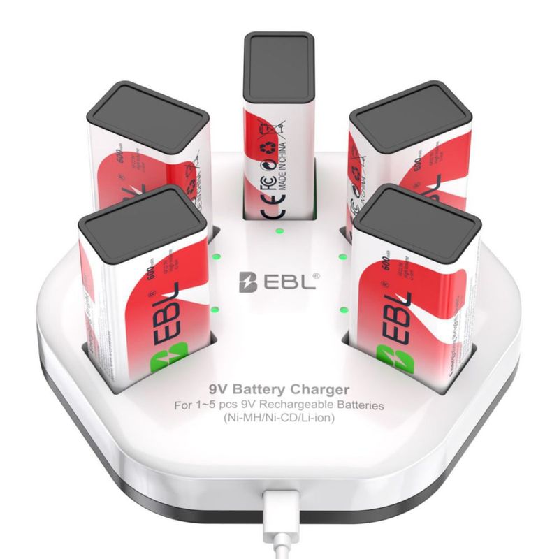 Cargador de Baterías de 9V EBL - Pack de 5 + Baterías de 9V