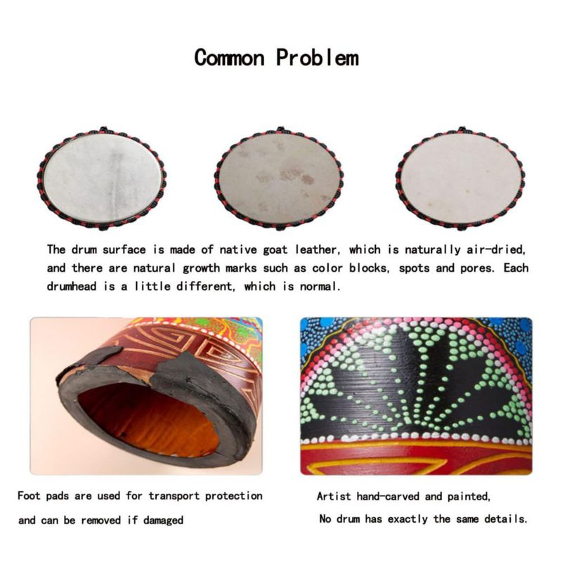 Tambor Djembe BORIYAM de 39 cm con Piel de Cabra Estilo África Occidental