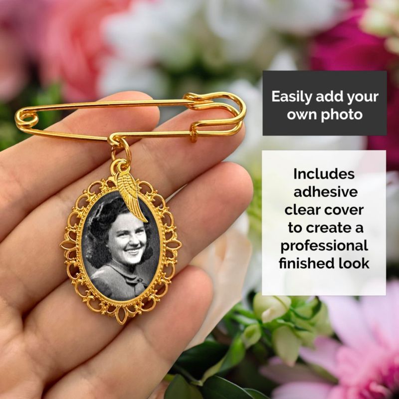 Pin MemoriPix Dorado con Colgante de Ala de Ángel y Redimensionador de Foto