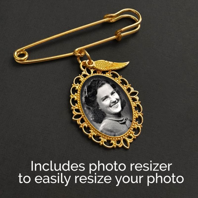 Pin MemoriPix Dorado con Colgante de Ala de Ángel y Redimensionador de Foto