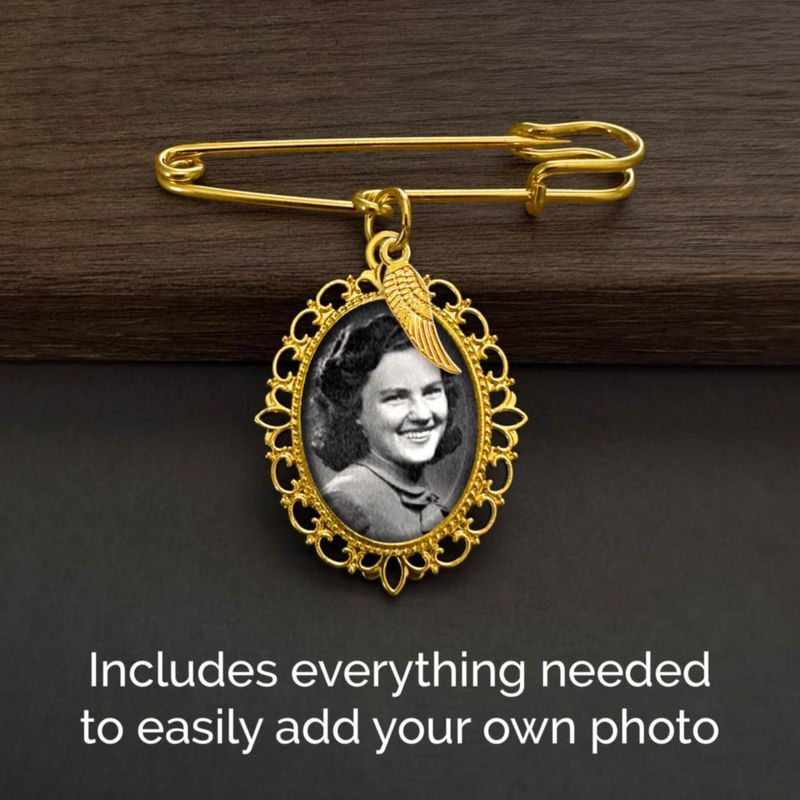 Pin MemoriPix Dorado con Colgante de Ala de Ángel y Redimensionador de Foto