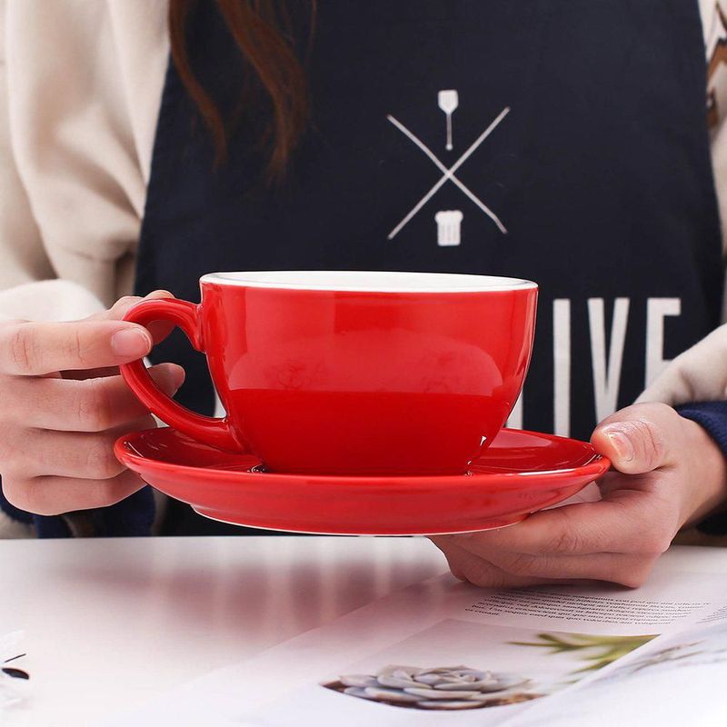 Taza y platillo de cerámica Coffeezone para arte latte cappuccino y doble espresso – Rojo brillante 310 ml