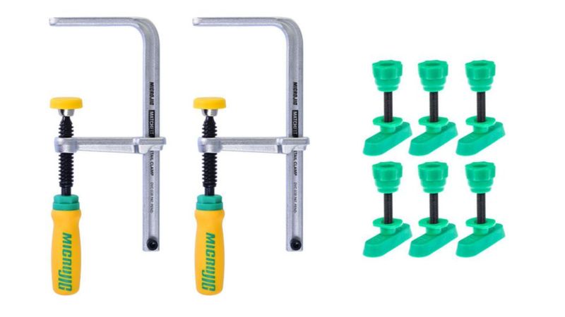 Abrazadera de Cola de Milano MICROJIG - Juego de 2 + Tornillos de Carril - Juego de 6