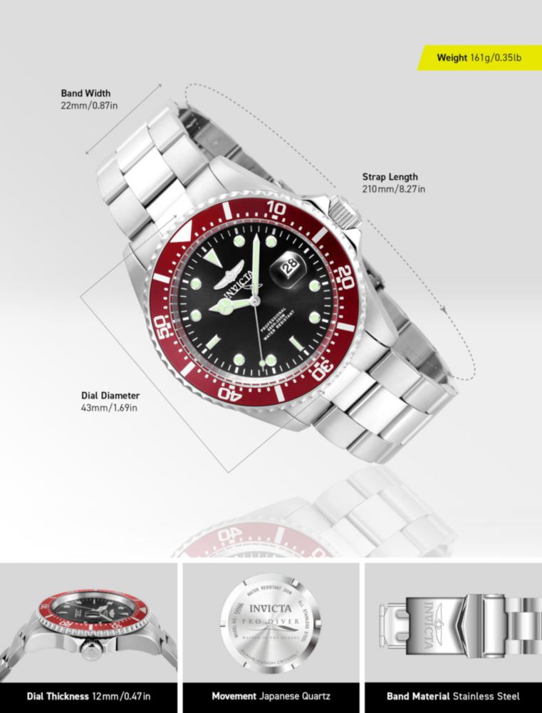 Reloj Invicta para Hombre 22020 Pro Diver con Esfera Analógica y Cuarzo Plateado