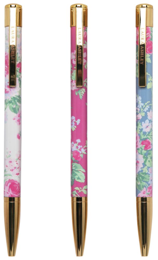 Set de 3 bolígrafos Laura Ashley – diseño floral con acentos dorados