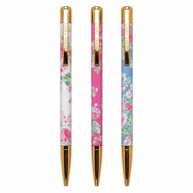 Set de 3 bolígrafos Laura Ashley – diseño floral con acentos dorados