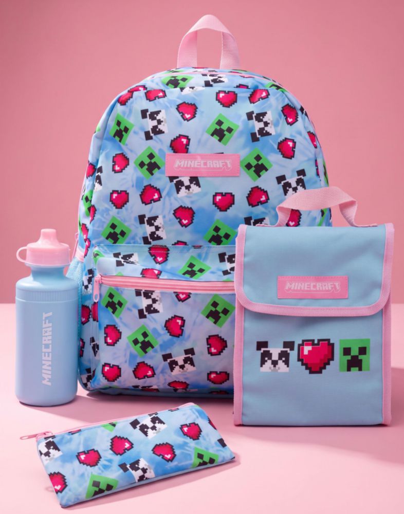 Mochila Minecraft 41 cm – Set de 4 piezas Creeper Panda y Corazones