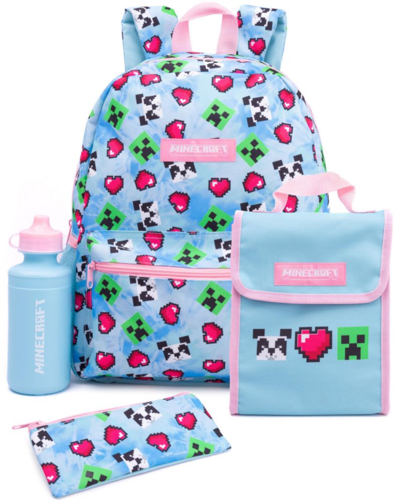 Mochila Minecraft 41 cm – Set de 4 piezas Creeper Panda y Corazones