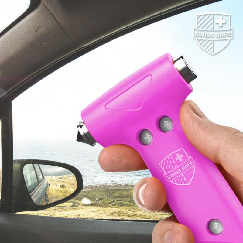 Martillo de Seguridad para Auto Swiss Safe Rosa con Rompeventanas y Cortacinturones