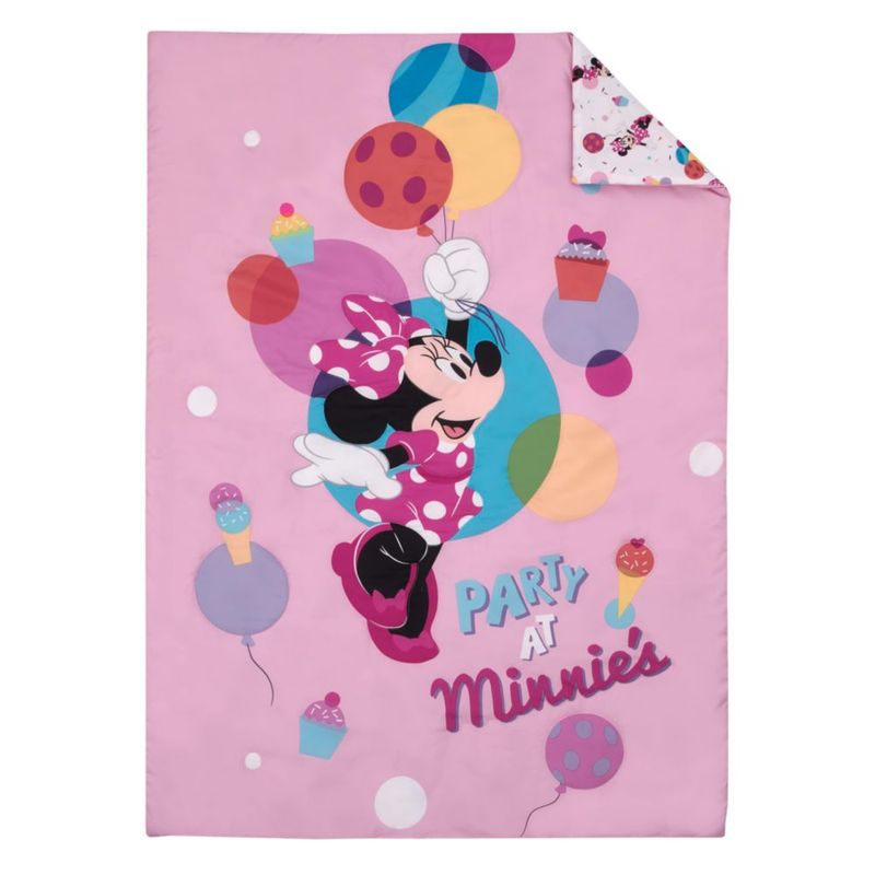 Disney Minnie Mouse ¡Vamos a la Fiesta! Rosa Globos Cupcakes y Confeti – Juego de 4 Piezas para Cuna: Edredón Sábana Ajustable Sábana Plana y Funda de