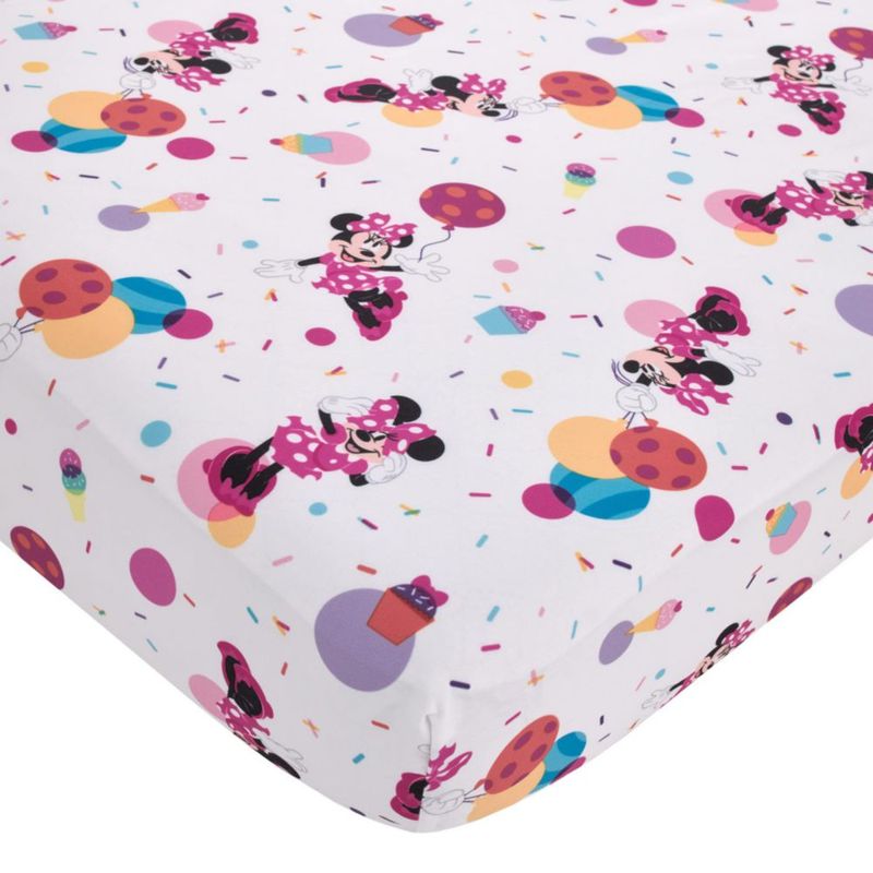 Disney Minnie Mouse ¡Vamos a la Fiesta! Rosa Globos Cupcakes y Confeti – Juego de 4 Piezas para Cuna: Edredón Sábana Ajustable Sábana Plana y Funda de