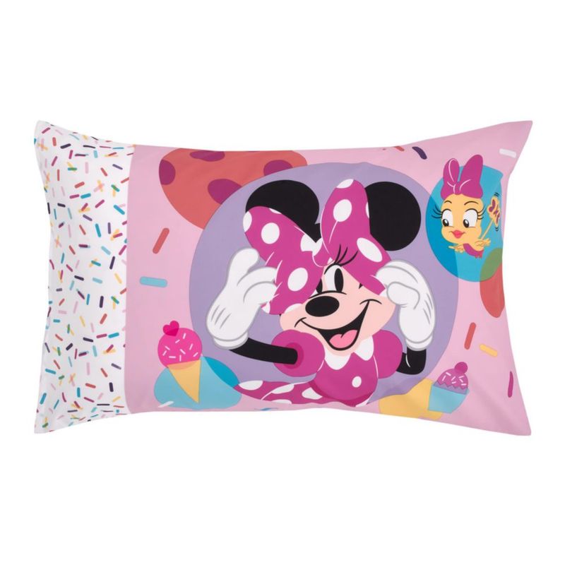 Disney Minnie Mouse ¡Vamos a la Fiesta! Rosa Globos Cupcakes y Confeti – Juego de 4 Piezas para Cuna: Edredón Sábana Ajustable Sábana Plana y Funda de