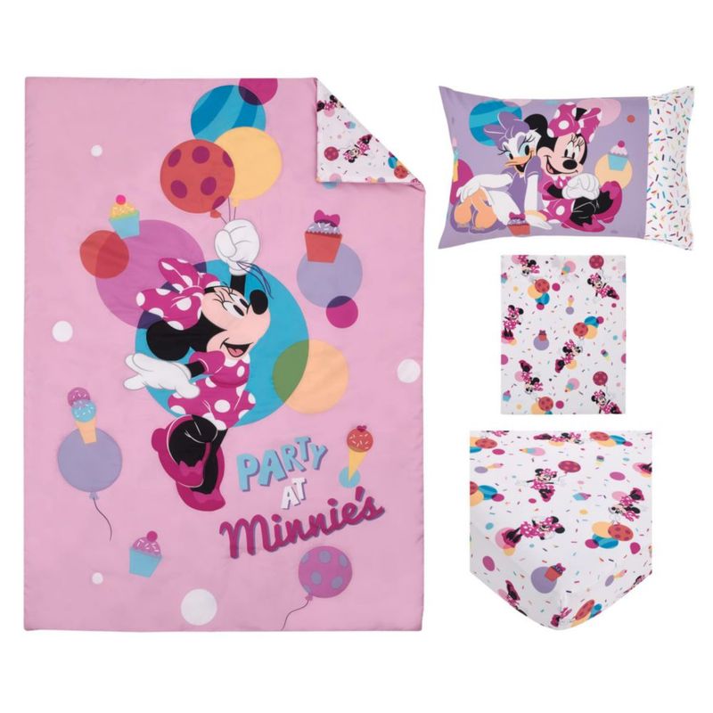 Disney Minnie Mouse ¡Vamos a la Fiesta! Rosa Globos Cupcakes y Confeti – Juego de 4 Piezas para Cuna: Edredón Sábana Ajustable Sábana Plana y Funda de