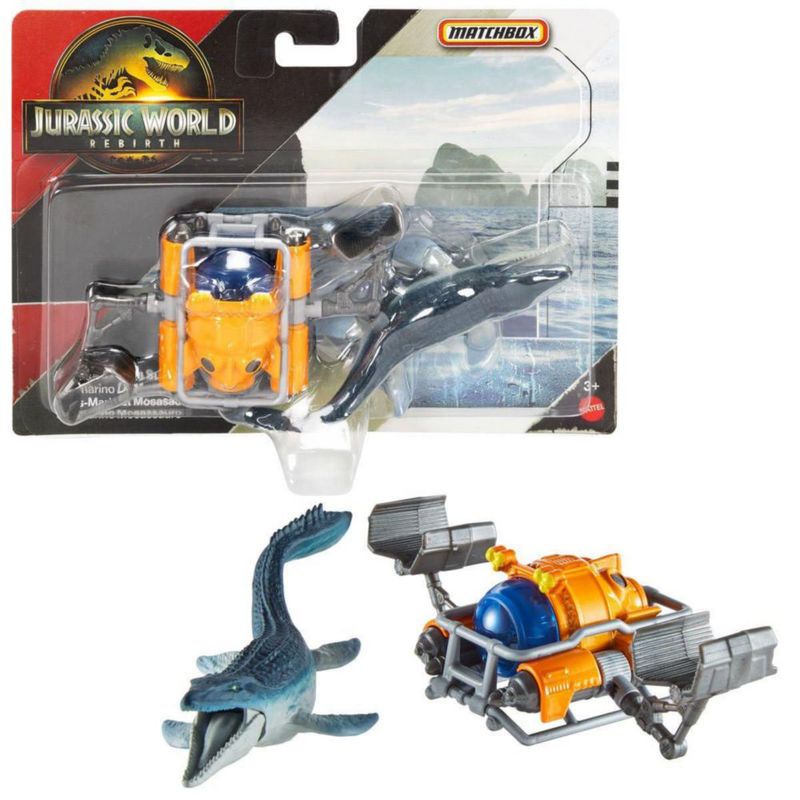 Set de Juguetes de Metal Fundido Matchbox Jurassic World Rebirth Tyranno‑Hauler y Submarino Mosasaurus 3 años + JGL74‑956A