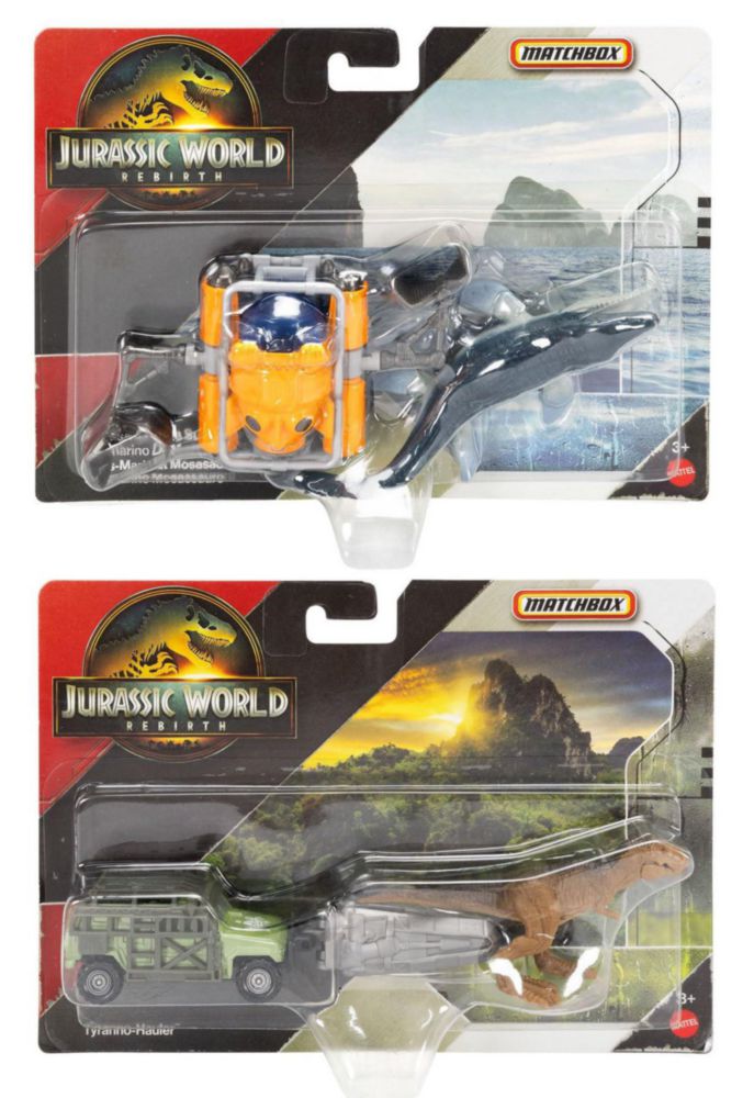 Set de Juguetes de Metal Fundido Matchbox Jurassic World Rebirth Tyranno‑Hauler y Submarino Mosasaurus 3 años + JGL74‑956A